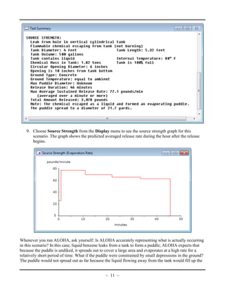 9. Choose Source Strength from the Display menu to see the source strength graph for this
scenario. The graph shows the predicted averaged release rate during the hour after the release
begins.
Whenever you run ALOHA, ask yourself: Is ALOHA accurately representing what is actually occurring
in this scenario? In this case, liquid benzene leaks from a tank to form a puddle; ALOHA expects that
because the puddle is undiked, it spreads out to cover a large area and evaporates at a high rate for a
relatively short period of time. What if the puddle were constrained by small depressions in the ground?
The puddle would not spread out as far because the liquid flowing away from the tank would fill up the
~ 11 ~
 