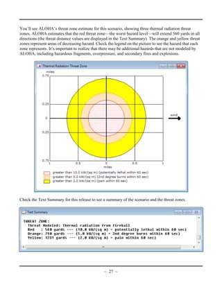 You’ll see ALOHA’s threat zone estimate for this scenario, showing three thermal radiation threat
zones. ALOHA estimates that the red threat zone—the worst hazard level—will extend 560 yards in all
directions (the threat distance values are displayed in the Text Summary). The orange and yellow threat
zones represent areas of decreasing hazard. Check the legend on the picture to see the hazard that each
zone represents. It’s important to realize that there may be additional hazards that are not modeled by
ALOHA, including hazardous fragments, overpressure, and secondary fires and explosions.
Check the Text Summary for this release to see a summary of the scenario and the threat zones.
~ 27 ~
 