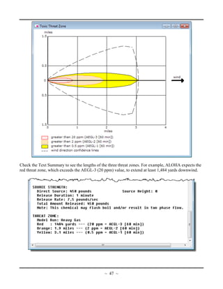 Check the Text Summary to see the lengths of the three threat zones. For example, ALOHA expects the
red threat zone, which exceeds the AEGL-3 (20 ppm) value, to extend at least 1,484 yards downwind.
~ 47 ~
 