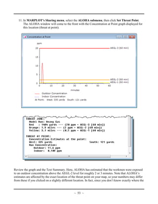 11. In MARPLOT’s Sharing menu, select the ALOHA submenu, then click Set Threat Point.
The ALOHA window will come to the front with the Concentration at Point graph displayed for
this location (threat at point).
Review the graph and the Text Summary. Here, ALOHA has estimated that the workmen were exposed
to an outdoor concentration above the AEGL-2 level for roughly 2 or 3 minutes. Note that ALOHA’s
estimates are affected by the exact location of the threat point on your map, so your numbers may differ
from these if you clicked on a slightly different location. In fact, since you don’t know exactly where the
~ 53 ~
 