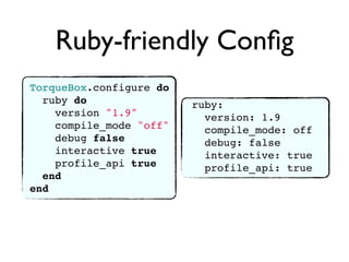 Ruby-friendly Conﬁg
TorqueBox.configure do
  ruby do                ruby:
    version "1.9"          version: 1.9
    compile_mode "off"     compile_mode: off
    debug false            debug: false
    interactive true       interactive: true
    profile_api true       profile_api: true
  end
end
 