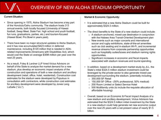 OVERVIEW OF NEW ALOHA STADIUM OPPORTUNITY
4
Current Situation:
• Since opening in 1975, Aloha Stadium has become a key par...
