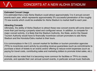 CONCERTS AT A NEW ALOHA STADIUM
59
Estimated Concert Usage
It is estimated that a new Aloha Stadium could attract approxim...