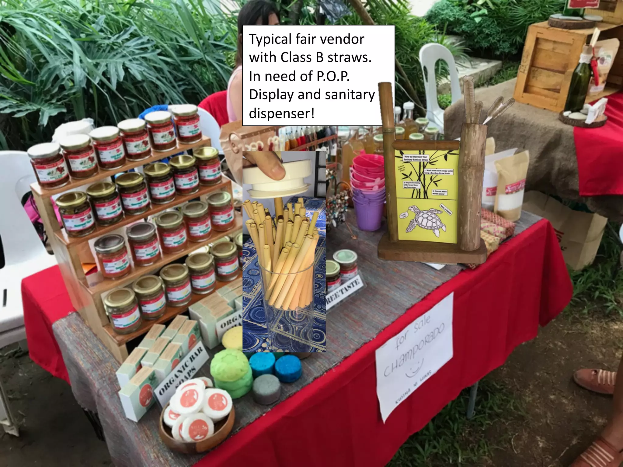 Typical	fair	vendor	
with	Class	B	straws.	
In	need	of	P.O.P.	
Display	and	sanitary	
dispenser!	
 