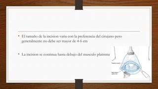 • El tamaño de la incision varia con la preferencia del cirujano pero
generalmente no debe ser mayor de 4-6 cm
• La incision se continua hasta debajo del musculo platisma
 
