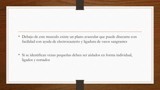 • Debajo de este musculo existe un plano avascular que puede disecarse con
facilidad con ayuda de electrocauterio y ligadura de vasos sangrantes
• Si se identifican venas pequeñas deben ser aislados en forma individual,
ligados y cortados
 