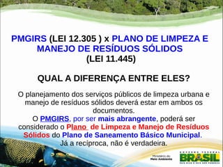 PMGIRS (LEI 12.305 ) x PLANO DE LIMPEZA E 
MANEJO DE RESÍDUOS SÓLIDOS 
(LEI 11.445) 
QUAL A DIFERENÇA ENTRE ELES? 
O planejamento dos serviços públicos de limpeza urbana e 
manejo de resíduos sólidos deverá estar em ambos os 
documentos. 
O PMGIRS, por ser mais abrangente, poderá ser 
considerado o Plano de Limpeza e Manejo de Resíduos 
Sólidos do Plano de Saneamento Básico Municipal. 
Já a recíproca, não é verdadeira. 
 