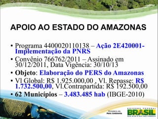 APOIO AO ESTADO DO AMAZONAS 
● Programa 4400020110138 – Ação 2E420001- 
Implementação da PNRS 
● Convênio 766762/2011 – Assinado em 
30/12/2011, Data Vigência: 30/10/13 
● Objeto: Elaboração do PERS do Amazonas 
● Vl Global: R$ 1.925.000,00 , Vl. Repasse: R$ 
1.732.500,00, Vl.Contrapartida: R$ 192.500,00 
● 62 Municípios – 3.483.485 hab (IBGE-2010) 
 