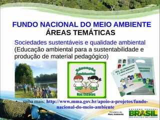 FUNDO NACIONAL DO MEIO AMBIENTE 
ÁREAS TEMÁTICAS 
Sociedades sustentáveis e qualidade ambiental 
(Educação ambiental para a sustentabilidade e 
produção de material pedagógico) 
● saiba mais: http://www.mma.gov.br/apoio-a-projetos/fundo-nacional- 
do-meio-ambiente 
 