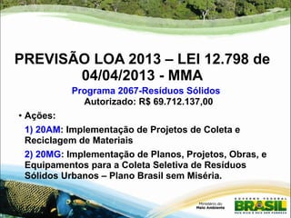 PREVISÃO LOA 2013 – LEI 12.798 de 
04/04/2013 - MMA 
Programa 2067-Resíduos Sólidos 
Autorizado: R$ 69.712.137,00 
● Ações: 
1) 20AM: Implementação de Projetos de Coleta e 
Reciclagem de Materiais 
2) 20MG: Implementação de Planos, Projetos, Obras, e 
Equipamentos para a Coleta Seletiva de Resíduos 
Sólidos Urbanos – Plano Brasil sem Miséria. 
 