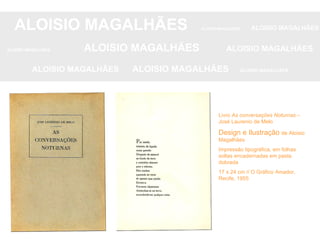 ALOISIO MAGALHÃES   ALOISIO MAGALHÃES   ALOISIO MAGALHÃES ALOISIO MAGALHÃES   ALOISIO MAGALHÃES   ALOISIO MAGALHÃES ALOISIO MAGALHÃES  ALOISIO MAGALHÃES   ALOISIO MAGALHÃES Livro  As conversações Noturnas –  José Laurenio de Melo Design e Ilustração  de Aloisio Magalhães Impressão tipográfica, em folhas soltas encadernadas em pasta dobrada 17 x 24 cm // O Gráfico Amador, Recife, 1955 