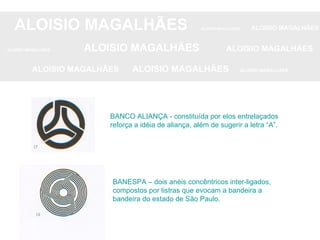 ALOISIO MAGALHÃES   ALOISIO MAGALHÃES   ALOISIO MAGALHÃES ALOISIO MAGALHÃES   ALOISIO MAGALHÃES   ALOISIO MAGALHÃES ALOISIO MAGALHÃES  ALOISIO MAGALHÃES   ALOISIO MAGALHÃES BANCO ALIANÇA - constituída por elos entrelaçados reforça a idéia de aliança, além de sugerir a letra “A”. BANESPA – dois anéis concêntricos inter-ligados, compostos por listras que evocam a bandeira a bandeira do estado de São Paulo. 