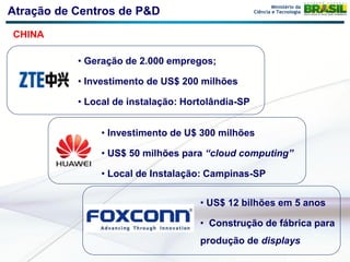 Ministério da
Atração de Centros de P&D                          Ciência e Tecnologia



CHINA

           • Geração de 2.000 empregos;

           • Investimento de US$ 200 milhões

           • Local de instalação: Hortolândia-SP


                • Investimento de U$ 300 milhões

                • US$ 50 milhões para “cloud computing”

                • Local de Instalação: Campinas-SP

                                     • US$ 12 bilhões em 5 anos

                                     • Construção de fábrica para
                                     produção de displays
 