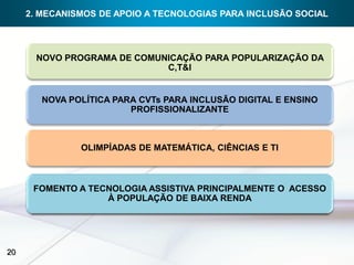 2. MECANISMOS DE APOIO A TECNOLOGIAS PARA INCLUSÃO SOCIAL



      NOVO PROGRAMA DE COMUNICAÇÃO PARA POPULARIZAÇÃO DA
                            C,T&I


        NOVA POLÍTICA PARA CVTs PARA INCLUSÃO DIGITAL E ENSINO
                         PROFISSIONALIZANTE



               OLIMPÍADAS DE MATEMÁTICA, CIÊNCIAS E TI



      FOMENTO A TECNOLOGIA ASSISTIVA PRINCIPALMENTE O ACESSO
                   À POPULAÇÃO DE BAIXA RENDA




20
 