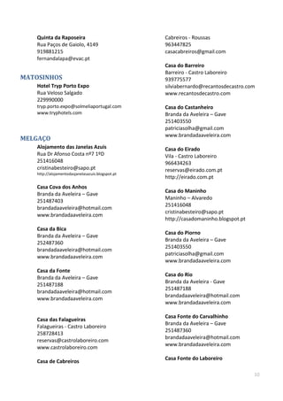 10
Quinta da Raposeira
Rua Paços de Gaiolo, 4149
919881215
fernandalapa@evac.pt
MATOSINHOS
Hotel Tryp Porto Expo
Rua Veloso Salgado
229990000
tryp.porto.expo@solmeliaportugal.com
www.tryphotels.com
MELGAÇO
Alojamento das Janelas Azuis
Rua Dr Afonso Costa nº7 1ºD
251416048
cristinabesteiro@sapo.pt
http://alojamentodasjanelasazuis.blogspot.pt
Casa Cova dos Anhos
Branda da Aveleira – Gave
251487403
brandadaaveleira@hotmail.com
www.brandadaaveleira.com
Casa da Bica
Branda da Aveleira – Gave
252487360
brandadaaveleira@hotmail.com
www.brandadaaveleira.com
Casa da Fonte
Branda da Aveleira – Gave
251487188
brandadaaveleira@hotmail.com
www.brandadaaveleira.com
Casa das Falagueiras
Falagueiras - Castro Laboreiro
258728413
reservas@castrolaboreiro.com
www.castrolaboreiro.com
Casa de Cabreiros
Cabreiros - Roussas
963447825
casacabreiros@gmail.com
Casa do Barreiro
Barreiro - Castro Laboreiro
939775577
silviabernardo@recantosdecastro.com
www.recantosdecastro.com
Casa do Castanheiro
Branda da Aveleira – Gave
251403550
patriciasolha@gmail.com
www.brandadaaveleira.com
Casa do Eirado
Vila - Castro Laboreiro
966434263
reservas@eirado.com.pt
http://eirado.com.pt
Casa do Maninho
Maninho – Alvaredo
251416048
cristinabesteiro@sapo.pt
http://casadomaninho.blogspot.pt
Casa do Piorno
Branda da Aveleira – Gave
251403550
patriciasolha@gmail.com
www.brandadaaveleira.com
Casa do Rio
Branda da Aveleira - Gave
251487188
brandadaaveleira@hotmail.com
www.brandadaaveleira.com
Casa Fonte do Carvalhinho
Branda da Aveleira – Gave
251487360
brandadaaveleira@hotmail.com
www.brandadaaveleira.com
Casa Fonte do Laboreiro
 