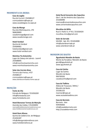 12
MOIMENTA DA BEIRA
Casa da Legião
Rua do Curcial / 254588127
cronicasdaterra@sapo.pt
www.casadalegiao.no.sapo.pt
Casa do Monge
Rua dos Malmequeres, nº6
968628069
casadomonge@gmail.com
www.casadomonge.com
Hotel Verdeal
Quinta do Verdeal
254584061
hotelverdeal@gmail.com
www.hotel-verdeal.com
Moinhos Tia Antoninha
Lugar do Cabeço de Lebrais - Leomil
254588095
info@moinhostiaantoninha.com
www.moinhostiaantoninha.com
Solar dos Correia Alves
Terreiro das Freiras, nº27
254588127
cronicasdaterra@sapo.pt
www.solardoscorreiaalves.home.sapo.pt
MONÇÃO
Fonte da Vila
Estrada de Melgaço / 251656269
info@fontedavila.com
www.fontedavila.com
Hotel Bienestar Termas de Monção
Avenida das Caldas / 251030092
reservas@hotelbienestartermasdemoncao.com
www.hotelbienestartermasdemoncao.com
Hotel Dom Afonso
Quinta da Caldeira Est. de Melgaço
251656187
info@albergariadomafonso.com
www.hoteldomafonso.pt
Hotel Rural Convento dos Capuchos
Qta C. de Sto António dos Capuchos
251640090
reservas@conventodoscaouchos.com
www.conventodoscapuchos.com
Muralhas do Miño
Rua D. Pedro V, nº 45 / 251656424
muralhas.mino@gmail.com
Solar de Serrade
SAVAM - Apt. 85 / 251654008
info@solardeserrade.pt
www.solardeserrade.pt
MONDIM DE BASTO
Águahotels Mondim de Basto
Monte da Paradela / Mondim de Basto
geral@aguahotels.pt
www.aguahotels.pt
Casa da Caínha
Lugar da Caínha
Mondim de Basto
966769265
casadacainha@gmail.com
Casa da Tialbina
Aldeia de Travassos / Bilhó /
Mondim de Basto
255381225
macman@sapo.pt
www.acasadatiaalbina.com
Casa de Bormela
Bormela - Atei
939546002
info@casadebormela.com
http://casadebormela.com
 