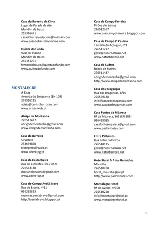 13
Casa do Barreiro de Cima
Lugar de Parada de Atei
Mondim de basto
255386491
casadobarreirodecima@hotmail.com
www.casadobarreirodecima.com
Quinta do Fundo
Vilar de Viando
Mondim de Basto
255381291
fernandobouca@quintadofundo.com
www.quintadofundo.com
MONTALEGRE
A Cista
Avenida do Emigrante (EN 103)
276556235
acista@centrobarrosao.com
www.acista.web.pt
Abrigo de Montanha
276511437
abrigodemontanha@gmail.com
www.abrigodemontanha.com
Casa da Barreira
Sirvozelo
253659860
trotegeres@sapo.pt
www.adere-pg.pt
Casa da Castanheira
Rua de Cima das Eiras, nº21
276563180
mariahelenasms@gmail.com
www.adere-pg.pt
Casa de Campo Avelã Brava
Rua da Escola, nº11
936265833
reservas.avelabrava@gmail.com
http://avelabrava.blogspot.pt
Casa de Campo Ferreira
Pitões das Júnias
276512367
www.casacampoferreira.blogspot.com
Casa de Campo O Castelo
Terreiro do Açougue, nº1
276511237
geral@naturbarroso.net
www.naturbarroso.net
Casa de Sudres
Bairro de Sudres
276511437
abrigodemontanha@gmail.com
http://www.abrigodemontanha.com
Casa dos Braganças
Rua das Braganças, 8/10
276579138
info@casadosbragancas.com
www.casadosbragancas.com
Casa Fontes da Mijareta
Rª da Mijareta, 865 (EN 308)
936428015
casafontesmijareta@gmail.com
www.padrefontes.com
Entre Palheiros
Rua entre palheiros
276518125
geral@naturbarroso.net
www.naturbarroso.net
Hotel Rural Srª dos Remédios
Mourilhe
276510260
hotel_mourilhe@iol.pt
http://www.padrefontes.com
Montalegre Hotel
Rª do Avelar, nº100
276510220
info@montalegrehotel.pt
www.montalegrehotel.pt
 