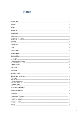 2
Índice
ARMAMAR .....................................................................................................................................4
AROUCA.........................................................................................................................................4
BAIÃO.............................................................................................................................................5
BARCELOS ......................................................................................................................................5
BRAGANÇA.....................................................................................................................................5
CAMINHA.......................................................................................................................................6
CELORICO DE BASTO......................................................................................................................7
CHAVES ..........................................................................................................................................7
ESPOSENDE....................................................................................................................................8
FAFE ...............................................................................................................................................9
FELGUEIRAS ...................................................................................................................................9
GONDOMAR...................................................................................................................................9
GUIMARÃES ...................................................................................................................................9
LOUSADA .......................................................................................................................................9
MARCO DE CANAVESES .................................................................................................................9
MATOSINHOS...............................................................................................................................10
MELGAÇO.....................................................................................................................................10
MIRANDELA .................................................................................................................................11
MOGADOURO..............................................................................................................................11
MOIMENTA DA BEIRA..................................................................................................................12
MONÇÃO......................................................................................................................................12
MONDIM DE BASTO.....................................................................................................................12
MONTALEGRE..............................................................................................................................13
OLIVEIRA DE AZEMÉIS..................................................................................................................14
PAÇOS DE FERREIRA.....................................................................................................................14
PAREDES.......................................................................................................................................14
PAREDES DE COURA.....................................................................................................................15
PONTE DA BARCA ........................................................................................................................15
PONTE DE LIMA............................................................................................................................17
PORTO..........................................................................................................................................21
 