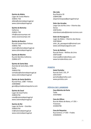 21
Quinta da Aldeia
Lugar de Crasto Ribeira
258931 750
aldeia@solaresdeportugal.pt
www.solaresdeportugal.pt
Quinta da Bemvisa
Calheiros
258931 750
info@casasnocampo.net
www.casasnocampo.net
Quinta da Roseira
Rua de Campo Raso-Feitosa
258931 750
roseira@solaresdeportugal.pt
www.solaresdeportugal.pt
Quinta de Martim
Rua de São Brás-Calheiros
258941 677
Quinta de Santa Baía
Avenida de Santa Baía, 1930
Gaifar
258931750
santabaia@solaresdeportugal.pt
www.solaresdeportugal.pt
Quinta de Santa Quitéria
Rua da Posa, 1288 – Feitosa
258938060
geral@quintadesantaquiteria.com
Quinta do Casal
Lugar do Casal Facha
258931750
casal@solaresdeportugal.pt
www.solaresdeportugal.pt
Quinta do Rei
Lugar da Ponte – Estorãos
258931750
rei@solaresdeportugal.pt
www.solaresdeportugal.pt
São João
Rua Rosário 39
258941288
alojamentosjoao@portugalmail.pt
Solar das Arcadas
Largo Cais do Rio Lima – Vitorino das
Donas
258731351
solardasarcadas@planeta-turismo.com
Solar do Pessegueiro
Lugar da Aldeia – Vitorino das Donas
258730644
solar_de_pessegueiro@hotmail.com
www.solardopessegueiro.com
Torre de Refoios
Rua de Penas – Refóios do Lima
258751030
reservas@torrederefoios.com
www.torrederefoios.com
PORTO
Hotel Portofoz
Rua do Farol, 155, 3º
226172357
portofoz@portofoz.com
www.portofoz.com
PÓVOA DE LANHOSO
Casa Moinho da Porta
Taíde
253576842
Casa de Alfena
Rua de Aldeia de Baixo, n.º 291 –
Travassos
253943790
Casa de Requeixo
Rua Central, n.º 350 – Frades
253636591
 