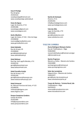 24
Casa O Postigo
Rua da Igreja
253353122
casadopostigo@hotmail.com
www.casadopostigo.webnode.pt
Casas da Aguça
Lugar do Assento, nº 21
253991986
casasdaaguca@gmail.com
www.casasdaguca.com
Gerês Albufeira
Lugar de Cubos, nº 210 – Vilar da Veiga
253390030
reservas@geresalbufeira.com
www.geresalbufeira.com
Hotel Adelaide
Rua de Arnaçó, 45
253390020
geral@adelaidehotel.pt
www.adelaidehotel.pt
Hotel Baltazar
Rua Eng. José Lagrifa Mendes, nº 6
253391131
geral@baltazarhotel.com
www.baltazarhotel.com
Hotel Carvalho Araújo
Rua de Arnaçó, nº 6
253391185
geral@hotelcarvalhoaraujo.com
www.hotelcarvalhoaraujo.com
Hotel Universal
Av. Manuel Francisco da Costa, nº 115
253390220
infohoteis@ehgeres.com
www.ehgeres.com
Parque Campismo Cerdeira
Campo do Gerês
253351005
info@parquecerdeira.com
www.parquecerdeira.com
Quinta de Gestaçós
Pereiró, nº 21
253391491
info@quintadegestacos.com
www.quintadegestacos.com
Vale das Mós
Lugar de Quintão, nº 8
253356026
geral@valedasmos.com
www.valedasmos.com
VALE DE CAMBRA
Áurea Rodrigues Marques Santos
Rua de Trebilhadouro - Rôge
918624820
revivertrebilhadouro@hotmail.com/ger
al@clamadeiras.pt
Quinta Progresso
Macieira-a-Velha – Macieira de Cambra
256410890
quintaprogresso@netvisao.pt
www.quintaprogresso.com
Solar das Laranjeiras
Salgueirinhos – Macieira de Cambra
256423977
geral@solar das laranjeiras.pt
www.solardaslaranjeiras.pt
Traços de Outrora - Turismo Rural, Lda
Trebilhadouro - Rôge
918795674
reservas@tracosdoutrora.com
www.tracosdoutrora.com
 