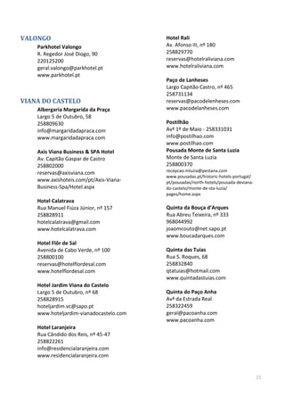 25
VALONGO
Parkhotel Valongo
R. Regedor José Diogo, 90
220125200
geral.valongo@parkhotel.pt
www.parkhotel.pt
VIANA DO CASTELO
Albergaria Margarida da Praça
Largo 5 de Outubro, 58
258809630
info@margaridadapraca.com
www.margaridadapraca.com
Axis Viana Business & SPA Hotel
Av. Capitão Gaspar de Castro
258802000
reservas@axisviana.com
www.axishoteis.com/pt/Axis-Viana-
Business-Spa/Hotel.aspx
Hotel Calatrava
Rua Manuel Fiúza Júnior, nº 157
258828911
hotelcalatrava@gmail.com
www.hotelcalatrava.com
Hotel Flôr de Sal
Avenida de Cabo Verde, nº 100
258800100
reservas@hotelflordesal.com
www.hotelflordesal.com
Hotel Jardim Viana do Castelo
Largo 5 de Outubro, nº 68
258828915
hoteljardim.vc@sapo.pt
www.hoteljardim-vianadocastelo.com
Hotel Laranjeira
Rua Cândido dos Reis, nº 45-47
258822261
info@residencialaranjeira.com
www.residencialaranjeira.com
Hotel Rali
Av. Afonso III, nº 180
258829770
reservas@hotelraliviana.com
www.hotelraliviana.com
Paço de Lanheses
Largo Capitão Castro, nº 465
258731134
reservas@pacodelenheses.com
www.pacodelanheses.com
Postilhão
Avª 1º de Maio - 258331031
info@postilhao.com
www.postilhao.com
Pousada Monte de Santa Luzia
Monte de Santa Luzia
258800370
recepcao.mluzia@pestana.com
www.pousadas.pt/historic-hotels-portugal/
pt/pousadas/north-hotels/pousada-deviana-
do-castelo/monte-de-sta-luzia/
pages/home.aspx
Quinta da Bouça d’Arques
Rua Abreu Teixeira, nº 333
968044992
joaomcouto@net.sapo.pt
www.boucadarques.com
Quinta das Tuias
Rua S. Roques, 68
258832840
qtatuias@hotmail.com
www.quintadastuias.com
Quinta do Paço Anha
Avª da Estrada Real
258322459
geral@pacoanha.com
www.pacoanha.com
 
