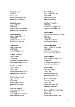 30
Casa de Fundevila
Fundevila
253214275
geral@casafundevila.com
www.casafundevila.com
Casa de Saramago
Lugar do Monte
227127788
info@casadosaramago.com
www.casadosaramago.com
Casa de Sequeirô
Lugar de Sequeirô, n.º 77
918501727
geral@casasequeiro.com
www.casasequeiro.com
Casa do Faial
Lugar do Faial, Rua 2
253273270
casadofaial@gmail.com
Casa dos Carvalhais
Lugar do Rego
253367145
casadoscarvalhais@gmail.com
www.casadoscarvalhais.com
Casa dos Fernandes
Lugar da Igreja
253312793
geral@casadosfernandos.pt
www.casadosfernandos.pt
Casal S. Miguel Soutelo
Lugar do Casal
253310360
info@quintadocasal.eu
www.quintadocasal.eu
Hotel Bom Sucesso
Largo Antunes de Lima, 5
253929070
reservas@bomsucesso.com
www.bomsucesso.com
Hotel Vila Luena
Praça da República, 67
253319540
info@vilaluena.com
www.vilaluena.com
Leirinhas de Mondim
967266061
leirasdemondim@gmail.com
www.leirasdemondim.com
Quinta da Cina
Rua Francisco Joaquim Fernandes
Azevedo
253311918
geral@cinaquinta.com
www.cinaquinta.com
Quinta da Ramalha
Rua n.º 1, Lugar da Ramalha
253925210
quintadaramalha@sapo.pt
www.quintadaramalha.com
Quinta da Resela
Avª do Sobral – Castelo, n.º 17
917540539
geral@quintaderesela.com
www.quintaderesela.com
Quinta da Sara
Lugar de Fundevila
253321370
qs@quintadesara.com
www.quintadesara.com
Quinta de Cachopães
Cachopães, n.º 4
253311292
geral@cachopaes.com
www.cachopaes.com
Quinta de São Bento do Prado
Lugar da Vila
253922210
quintasaobento@gmail.com
 
