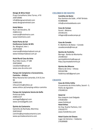 7
Design & Wine Hotel
Praça Conselheiro Silva Torres, nº 8
258719040
info@designwinehotel.com
www.designwinehotel.com
Hotel Meira
Rua 5 de Outubro, 56
258911111
reservas@hotelmeira.com
www.hotelmeira.com
Hotel Porta do Sol
Conference Center & SPA
Av. Marginal, lote 1
258710360
reservas@hotelportadosol.com.pt
www.hotelportadosol.com.pt
Hotel Rural Casa da Anta
Rua Ilídio Couto, nº 180
258724043
casadaanta@sapo.pt
www.casa-da-anta.com
Parque de Campismo e Caravanismo,
Caminha – Orbitur
Mata Nacional do Camarido, E.N 13, km
90
258921295
infocaminha@orbitur.pt
www.orbitur.pt/camping-orbitur-caminha
Parque de Campismo Sereia da Gelfa
Pinhal da Gelfa
258911537
sereiagelfa@gmail.com
www.sereiadagelfa.com
Quinta da Cantareira
Caminho do Ranhada, Marinhas
258724167
caminha@quintadacantareira.com
www.quintadacantareira.com
CELORICO DE BASTO
Camélias de Basto
Rua Senhora da Súde , nº347 Britelo
914880608
info@cameliasdebasto.com
Casa do Campo
Fermil - Molares
255361231
infogeral@casadocampo.pt
Casa de Canedo
R. Abelheiro de Baixo – Canedo
casadecanedo@meo.pt
Quinta da Fontinha
Barrega - Borba da Montanha
255481422
quintadafontinha@sapo.pt
http://quintadafontinha.pt
Quinta dos Mouras
Ribeira de Cima – Infesta
935322786
hedemoura65@gmail.com
CHAVES
Casa da Vinha Velha
Cruzamento da Vinha Velha, Sesmil - S.
Pedro de Agostém
276346514
Hotel AJ
Rua Joaquim José Delgado
276301050
www.hotelaj.pt
Hotel Brites
Av Eng. Duarte Pacheco, 112
276332777
www.hotelbrites.com
Hotel Casino de Chaves
Lugar do Extremo – Valdanta
276309600
 