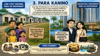 3. PARA KANINO
Halimbawa: Ang mga itinatayong low-cost
housing ng gobyerno ay nakalaan para sa mga
pamilyang mahihirap at walang sariling bahay,
habang ang mga marangyang condominium
naman ay para sa mga mayayamang may
kakayahang magbayad ng malaki.
 