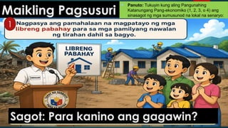  Panuto: Tukuyin kung aling Pangunahing
Katanungang Pang-ekonomiko (1, 2, 3, o 4) ang
sinasagot ng mga sumusunod na lokal na senaryo:
Maikling Pagsusuri
1
.
Sagot: Para kanino ang gagawin?
 