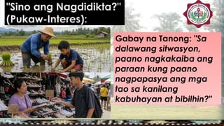 "Sino ang Nagdidikta?"
(Pukaw-Interes):
Gabay na Tanong: "Sa
dalawang sitwasyon,
paano nagkakaiba ang
paraan kung paano
nagpapasya ang mga
tao sa kanilang
kabuhayan at bibilhin?"
 