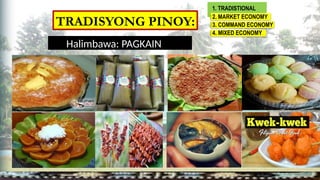 Halimbawa: PAGKAIN
TRADISYONG PINOY:
1. TRADISTIONAL
Frequency
2. MARKET ECONOMY
3. COMMAND ECONOMY
4. MIXED ECONOMY
 