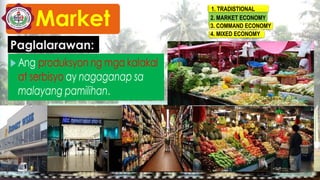 1. TRADISTIONAL
2. MARKET ECONOMY
3. COMMAND ECONOMY
4. MIXED ECONOMY
Paglalarawan:
Market
 