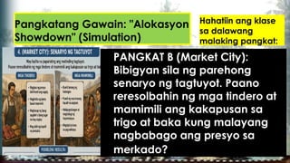 Pangkatang Gawain: "Alokasyon
Showdown" (Simulation)
Hahatiin ang klase
sa dalawang
malaking pangkat:
PANGKAT B (Market City):
Bibigyan sila ng parehong
senaryo ng tagtuyot. Paano
reresolbahin ng mga tindero at
mamimili ang kakapusan sa
trigo at baka kung malayang
nagbabago ang presyo sa
merkado?
 