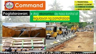 1. TRADISTIONAL
2. MARKET ECONOMY
3. COMMAND ECONOMY
4. MIXED ECONOMY
Paglalarawan:
Command
 
