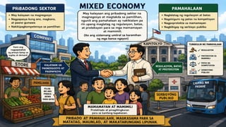 1. TRADITIONAL
2. MARKET ECONOMY
3. COMMAND ECONOMY
4. MIXED ECONOMY
Mixed
Katangian:
 May kalayaan ang pribadong sektor na
magnegosyo at magtakda sa pamilihan, ngunit ang
pamahalaan ay nakikialam pa rin upang maglatag
ng regulasyon, batas, at proteksyon para sa mga
mamamayan at mamimili (Ito ang sistemang umiiral
sa karamihan ng mga bansa ngayon)
 
