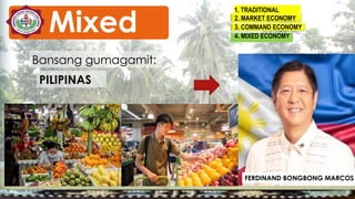 Bansang gumagamit:
PILIPINAS
FERDINAND BONGBONG MARCOS
1. TRADITIONAL
2. MARKET ECONOMY
3. COMMAND ECONOMY
4. MIXED ECONOMY
Mixed
 