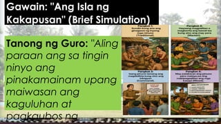 Gawain: "Ang Isla ng
Kakapusan" (Brief Simulation)
Tanong ng Guro: "Aling
paraan ang sa tingin
ninyo ang
pinakamainam upang
maiwasan ang
kaguluhan at
pagkaubos ng
 