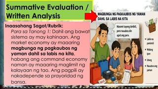 Summative Evaluation /
Written Analysis
Inaasahang Sagot/Rubrik:
Para sa Tanong 1: Dahil ang bawat
sistema ay may kahinaan. Ang
market economy ay maaaring
magbunga ng pagkaubos ng
yaman dahil sa labis na kita,
habang ang command economy
naman ay maaaring maglimit ng
kalayaan ng tao. Ang pagpili ay
nakadepende sa prayoridad ng
bansa.
 
