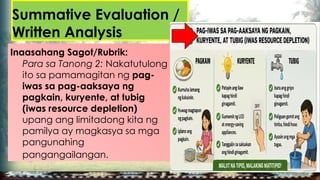 Summative Evaluation /
Written Analysis
Inaasahang Sagot/Rubrik:
Para sa Tanong 2: Nakatutulong
ito sa pamamagitan ng pag-
iwas sa pag-aaksaya ng
pagkain, kuryente, at tubig
(iwas resource depletion)
upang ang limitadong kita ng
pamilya ay magkasya sa mga
pangunahing
pangangailangan.
 