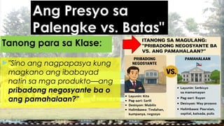 Ang Presyo sa
Palengke vs. Batas"
 "Sino ang nagpapasya kung
magkano ang ibabayad
natin sa mga produkto—ang
pribadong negosyante ba o
ang pamahalaan?"
Tanong para sa Klase:
 