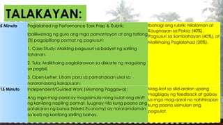 TALAKAYAN:
5 Minuto Paglalahad ng Performance Task Prep & Rubrik:
Ipaliliwanag ng guro ang mga pamantayan at ang tatlong
(3) pagpipiliang pormat ng pagsusuri:
1. Case Study: Maikling pagsusuri sa badyet ng sariling
tahanan.
2. Tula: Malikhaing paglalarawan sa diskarte ng magulang
sa pagbili.
3. Open-Letter: Liham para sa pamahalaan ukol sa
nararanasang kakapusan.
Ibahagi ang rubrik: Nilalaman at
Kaugnayan sa Paksa (40%),
Pagsusuri sa Sambahayan (40%), at
Malikhaing Paglalahad (20%).
15 Minuto Independent/Guided Work (Mismong Paggawa):
Ang mga mag-aaral ay magsisimula nang isulat ang draft
ng kanilang napiling pormat. Iuugnay nila kung paano ang
patakaran ng bansa (Mixed Economy) ay nararamdaman
sa loob ng kanilang sariling bahay.
Mag-ikot sa silid-aralan upang
magbigay ng feedback at gabay
sa mga mag-aaral na nahihirapan
kung paano sisimulan ang
pagsulat.
 