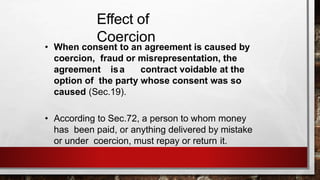 Effect of
Coercion
• When consent to an agreement is caused by
coercion, fraud or misrepresentation, the
agreement isa contract voidable at the
option of the party whose consent was so
caused (Sec.19).
• According to Sec.72, a person to whom money
has been paid, or anything delivered by mistake
or under coercion, must repay or return it.
 
