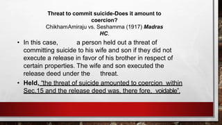Threat to commit suicide-Does it amount to
coercion?
ChikhamAmiraju vs. Seshamma (1917) Madras
HC.
• In this case, a person held out a threat of
committing suicide to his wife and son if they did not
execute a release in favor of his brother in respect of
certain properties. The wife and son executed the
release deed under the threat.
• Held, “the threat of suicide amounted to coercion within
Sec.15 and the release deed was, there fore, voidable”.
 