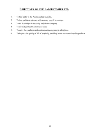 OBJECTIVES OF ZEE LABORATORIES LTD. 
1. To be a leader in the Pharmaceutical industry. 
2. To be a profitable company with a steady growth in earnings. 
3. To set an example as a socially responsible company. 
4. To diversify in health care related areas. 
5. To strive for excellence and continuous improvement in all spheres. 
6. To improve the quality of life of people by providing better services and quality products. 
16 
 