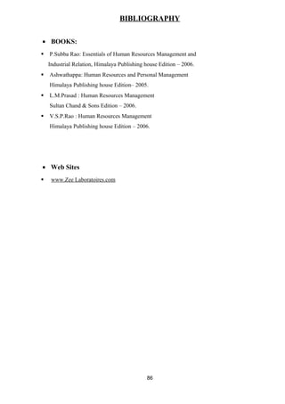 BIBLIOGRAPHY 
· BOOKS: 
 P.Subba Rao: Essentials of Human Resources Management and 
Industrial Relation, Himalaya Publishing house Edition – 2006. 
 Ashwathappa: Human Resources and Personal Management 
Himalaya Publishing house Edition– 2005. 
 L.M.Prasad : Human Resources Management 
Sultan Chand & Sons Edition – 2006. 
 V.S.P.Rao : Human Resources Management 
Himalaya Publishing house Edition – 2006. 
· Web Sites 
 www.Zee Laboratoires.com 
86 
