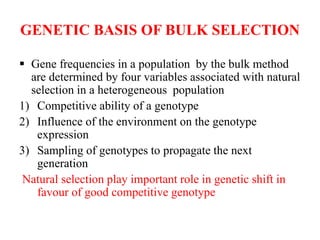 GENETIC BASIS OF BULK SELECTION
 Gene frequencies in a population by the bulk method
are determined by four variables associated with natural
selection in a heterogeneous population
1) Competitive ability of a genotype
2) Influence of the environment on the genotype
expression
3) Sampling of genotypes to propagate the next
generation
Natural selection play important role in genetic shift in
favour of good competitive genotype
 