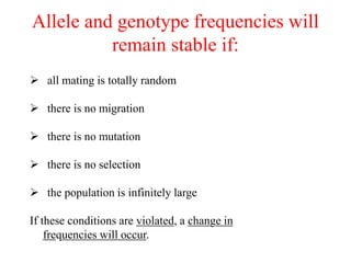  all mating is totally random
 there is no migration
 there is no mutation
 there is no selection
 the population is infinitely large
If these conditions are violated, a change in
frequencies will occur.
Allele and genotype frequencies will
remain stable if:
 