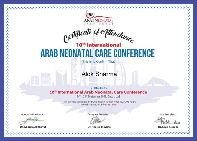 10th Arab Neonatal Care Conference Speaker Certificate Dr Alok Sharma