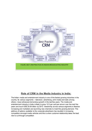 Role of CRM in the Media Industry in India:
The Indian media and entertainment industry is one of the fastest growing industries in the
country. Its various segments— television, advertising, print media and radio among
others—have witnesses tremendous growth in the last few years. The media and
entertainment industry in India is likely to grow 12.5 per cent per annum over the next five
years and touch US$ 20.09 billion by 2013. Viewership across various segments is likewise
increasing and marketers are launching new channels to meet this growing demand. This
plethora of options available to the corporate advertisers has resulted in increasing
competition amongst media vehicles and this is when customer relationship takes the lead
role to cut through competition
FIGURE: BEST CRMPRACTICES IN INDIAN BROADCASTING INDUSTRY
 