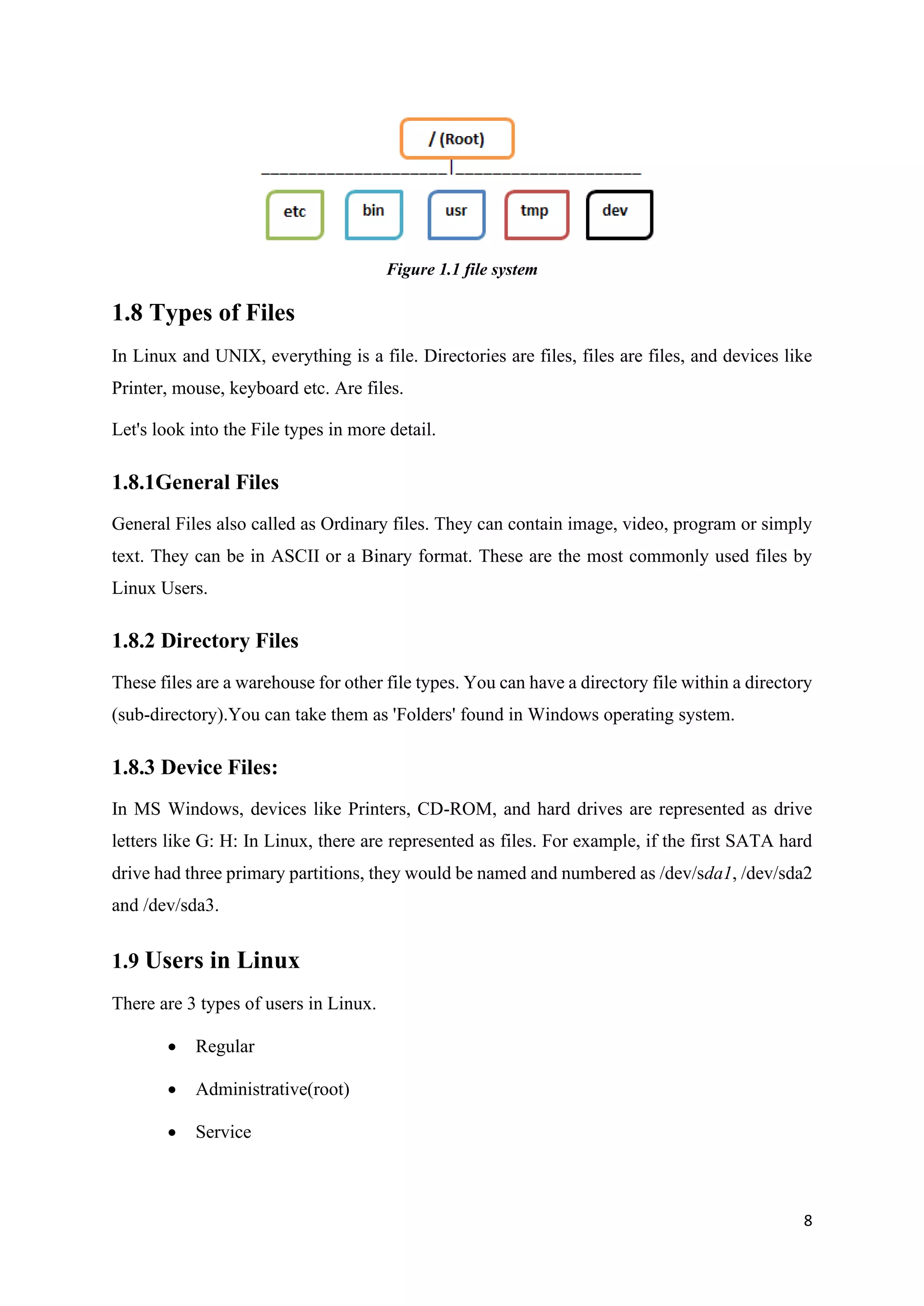 8
Figure 1.1 file system
1.8 Types of Files
In Linux and UNIX, everything is a file. Directories are files, files are files, and devices like
Printer, mouse, keyboard etc. Are files.
Let's look into the File types in more detail.
1.8.1General Files
General Files also called as Ordinary files. They can contain image, video, program or simply
text. They can be in ASCII or a Binary format. These are the most commonly used files by
Linux Users.
1.8.2 Directory Files
These files are a warehouse for other file types. You can have a directory file within a directory
(sub-directory).You can take them as 'Folders' found in Windows operating system.
1.8.3 Device Files:
In MS Windows, devices like Printers, CD-ROM, and hard drives are represented as drive
letters like G: H: In Linux, there are represented as files. For example, if the first SATA hard
drive had three primary partitions, they would be named and numbered as /dev/sda1, /dev/sda2
and /dev/sda3.
1.9 Users in Linux
There are 3 types of users in Linux.
• Regular
• Administrative(root)
• Service
 